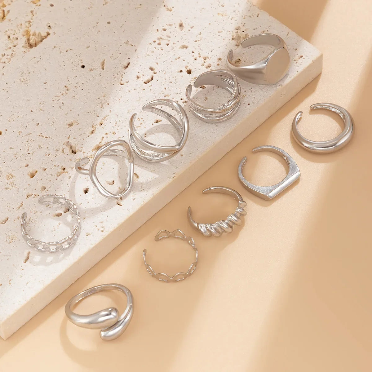 10-Piece Geometric Ring Set - Gold & Silver Stainless Steel Cuff Rings