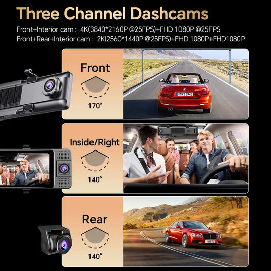 4K WiFi 3-Channel Dash Cam - 11.26" Rearview Mirror with Front, Rear & Interior Cameras