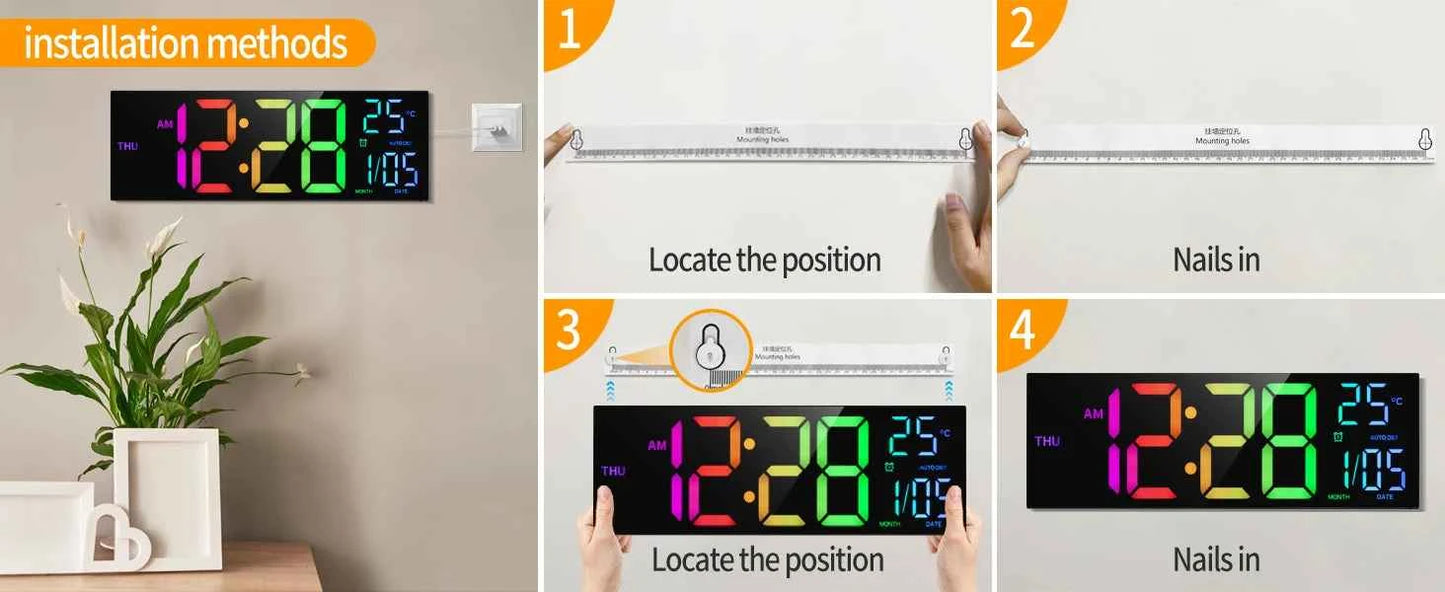 16-Inch Digital Wall Clock - LED Display with 8 RGB Colors, Alarm & Temperature Features - Flexivo