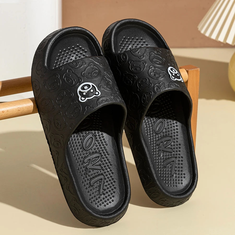 Little Bear Print Indoor Slides, Non-Slip Casual Slippers