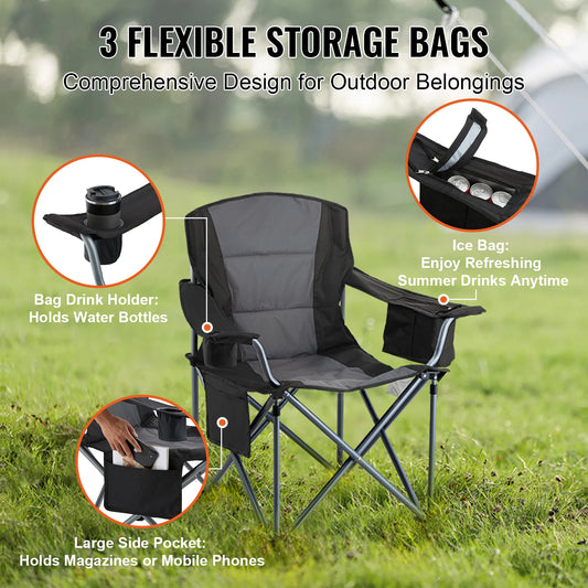 Portable Camping Folding Chair – 350lb Capacity, Padded Arms & 3 Storage Bags
