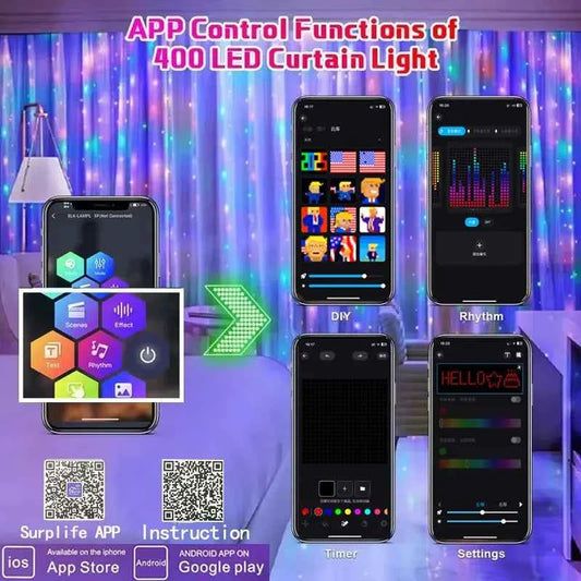 400 LED Smart Curtain String Lights with App & Remote Control for Christmas & Outdoor Decor - Flexivo