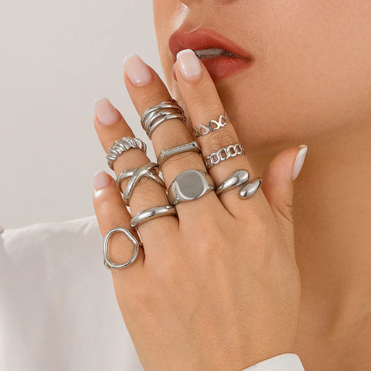 10-Piece Geometric Ring Set - Gold & Silver Stainless Steel Cuff Rings