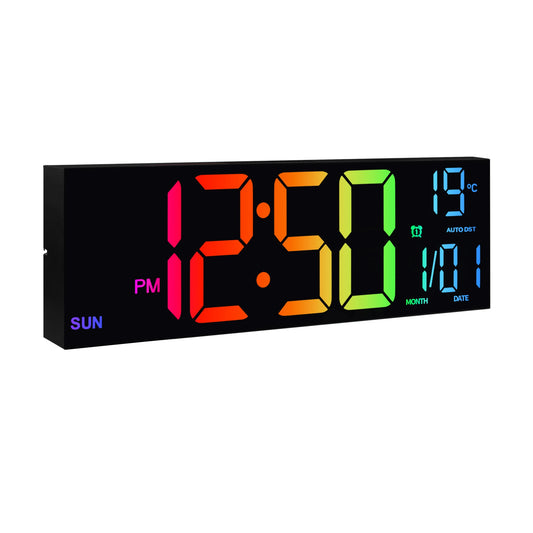 16" Large Digital Wall Clock - LED Display with Remote, 8 RGB Colors, Alarm & Temperature