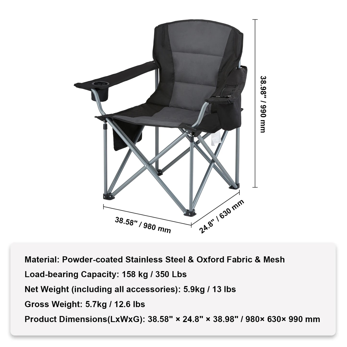 Portable Camping Folding Chair – 350lb Capacity, Padded Arms & 3 Storage Bags