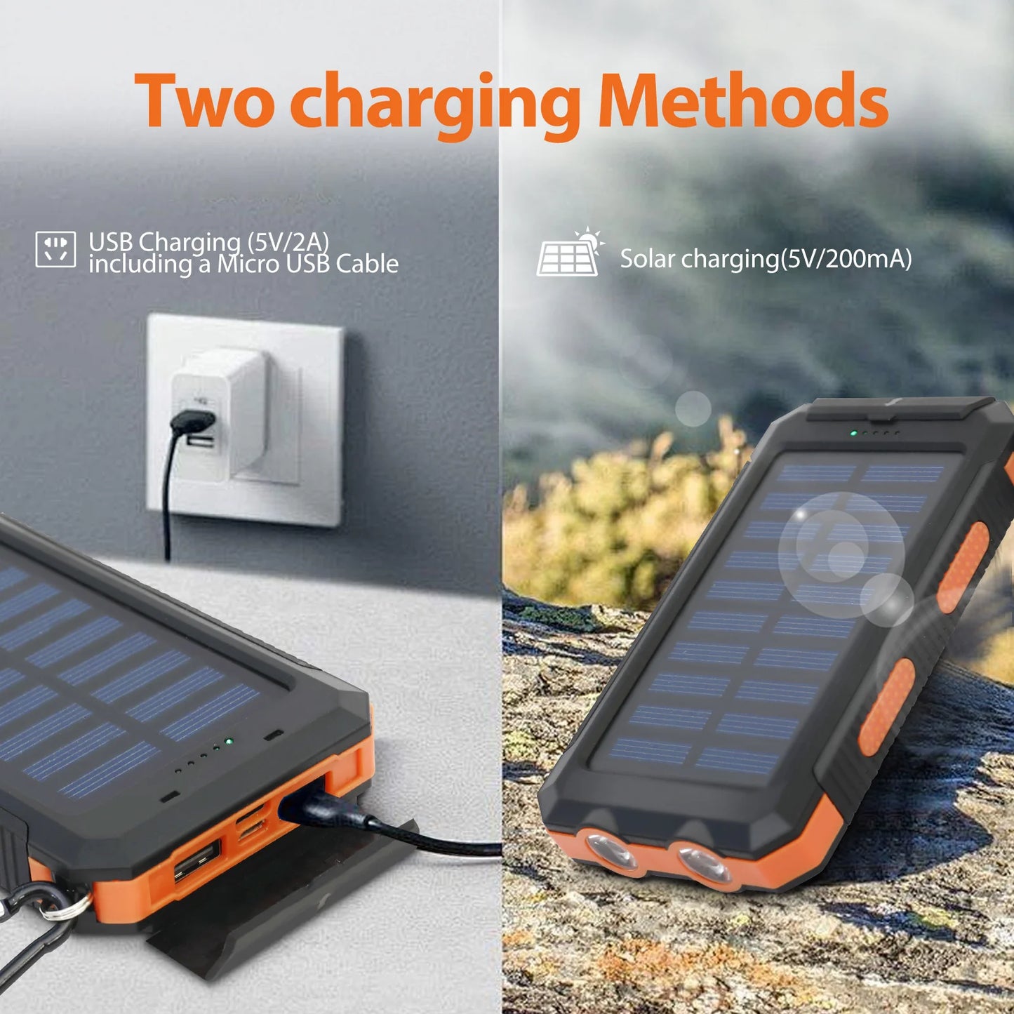 20000mAh Solar Power Bank - Waterproof Portable Charger with Dual USB Ports & LED Flashlight