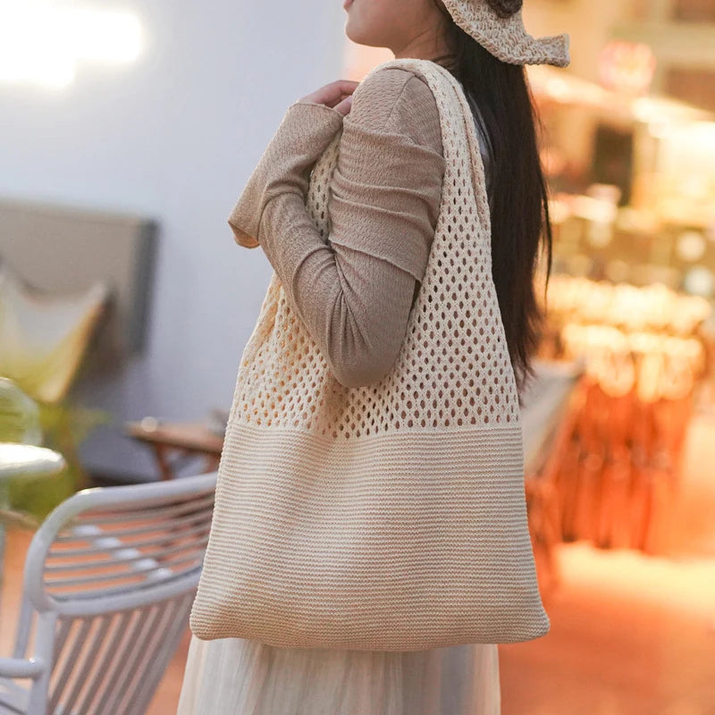 Crochet Tote Bag - Handwoven Hollow Knit Handbag for Women