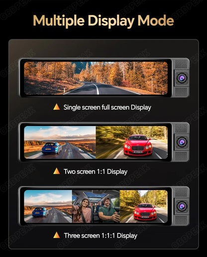 4K WiFi 3-Channel Dash Cam - 11.26" Rearview Mirror with Front, Rear & Interior Cameras