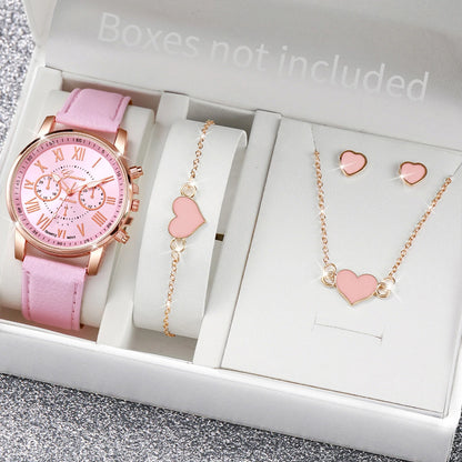Women's Quartz Watch & Heart Jewelry Set