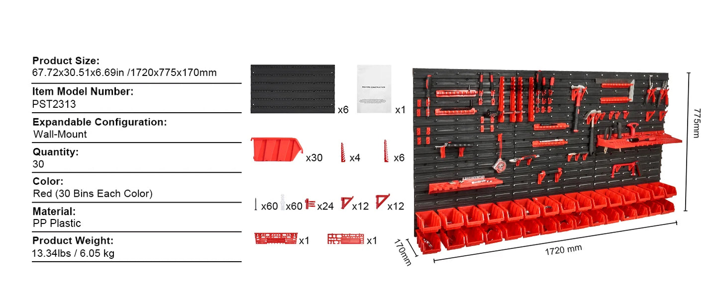 Wall Mounted Storage Bins - 30/48 Piece Parts Organizer Rack with Panels & Hooks for Garage Workshop