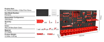 Wall Mounted Storage Bins - 30/48 Piece Parts Organizer Rack with Panels & Hooks for Garage Workshop