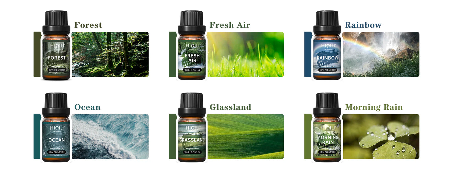 HIQILI Nature-Inspired Fragrance Oil Set - 6 Premium Scents for Aromatherapy, Diffusers, Humidifiers & Candles (10ml)