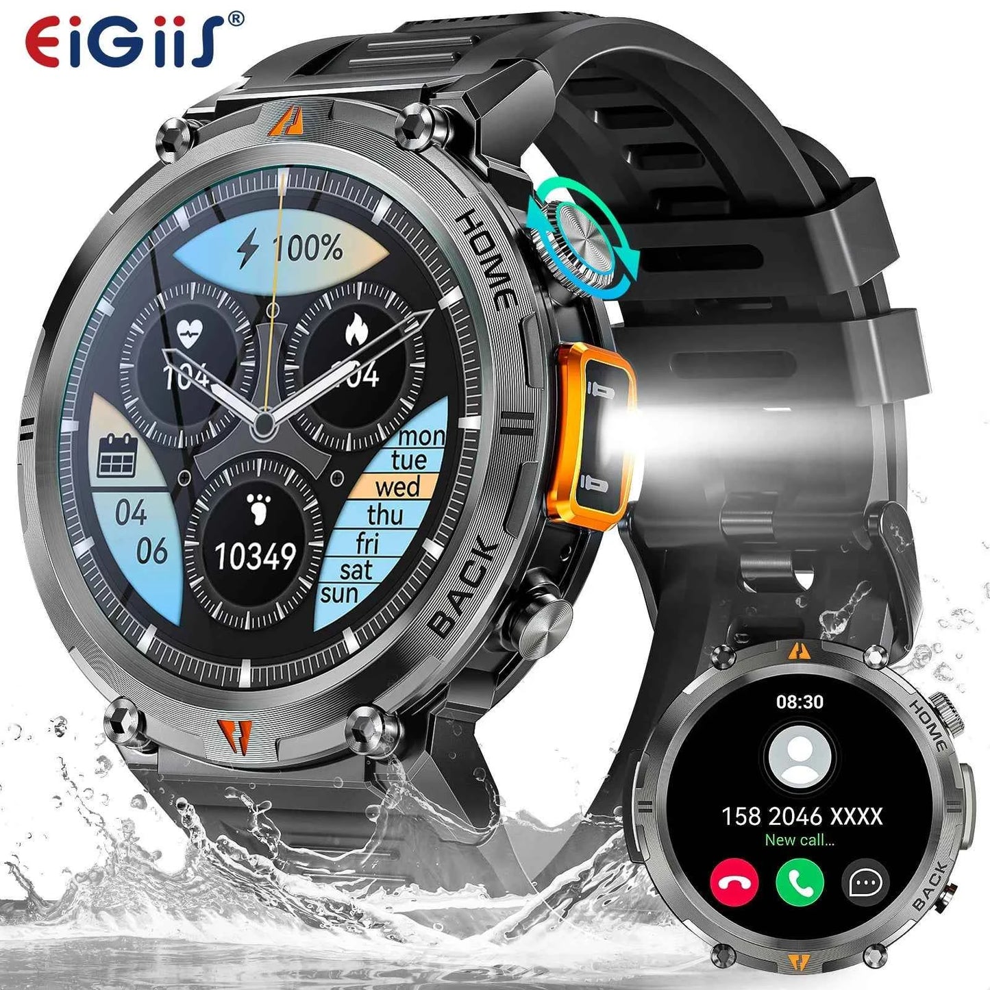 KE3 Military Smart Watch with Bluetooth Calls, Health Monitor, and LED Flashlight for Men - Flexivo