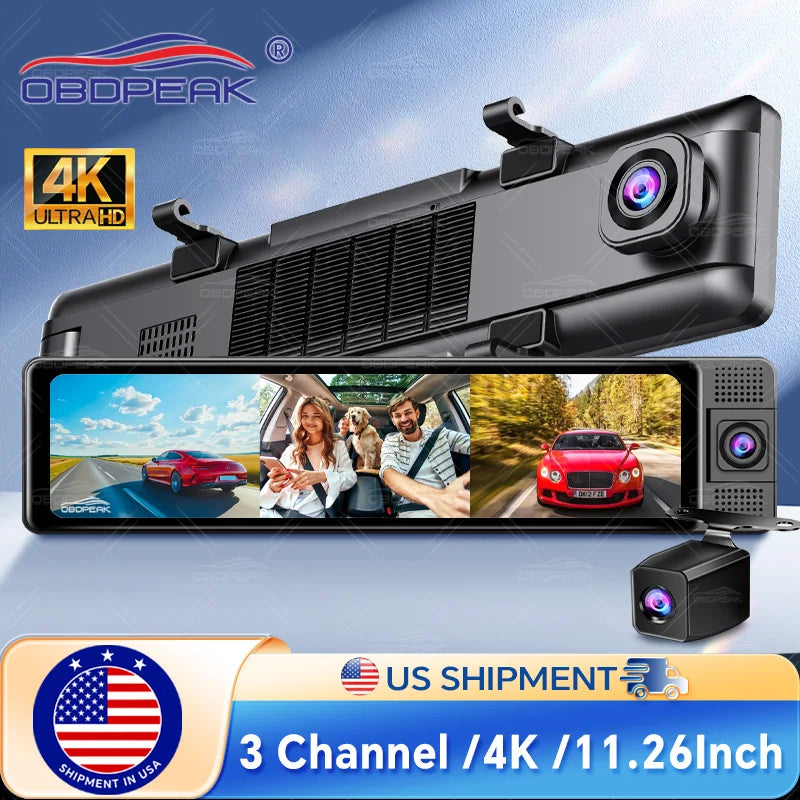 4K WiFi 3-Channel Dash Cam - 11.26" Rearview Mirror with Front, Rear & Interior Cameras