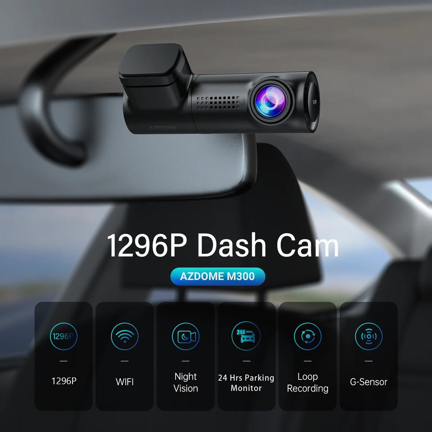 AZDOME M300 Dash Cam 1296P WiFi with Night Vision & Parking Monitor
