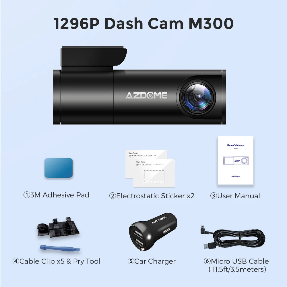 AZDOME M300 Dash Cam 1296P WiFi with Night Vision & Parking Monitor
