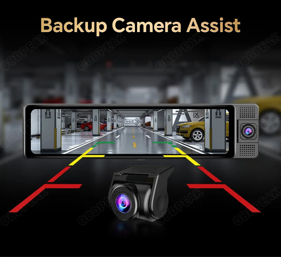 4K WiFi 3-Channel Dash Cam - 11.26" Rearview Mirror with Front, Rear & Interior Cameras