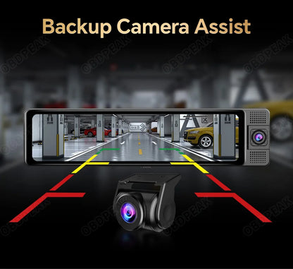 4K WiFi 3-Channel Dash Cam - 11.26" Rearview Mirror with Front, Rear & Interior Cameras