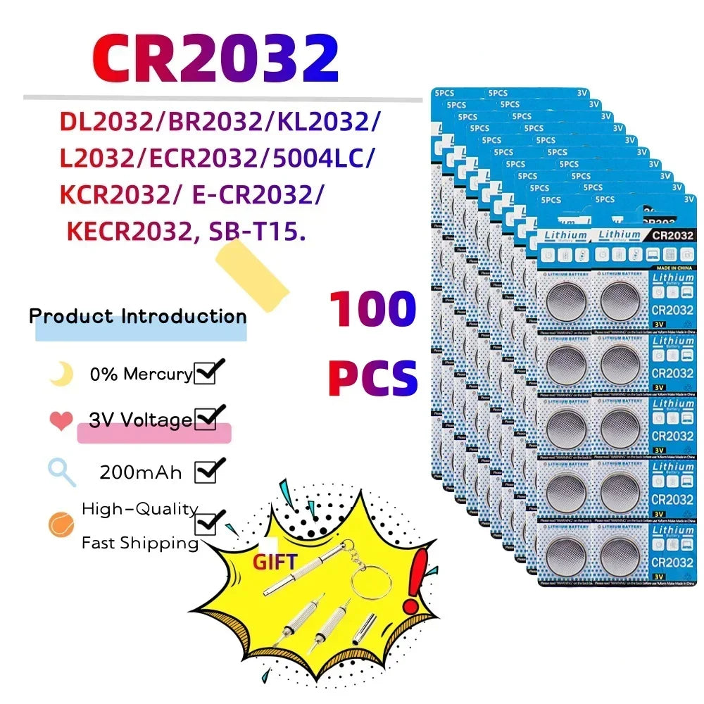 CR2032 Lithium Button Cell Batteries - 3V Coin Battery for Car Keys, Watches & Electronics