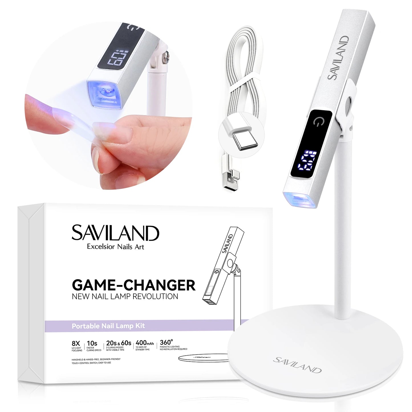 SAVILAND Rechargeable UV LED Nail Lamp - Portable Mini Nail Dryer with Magnetic Stand & LCD Timer
