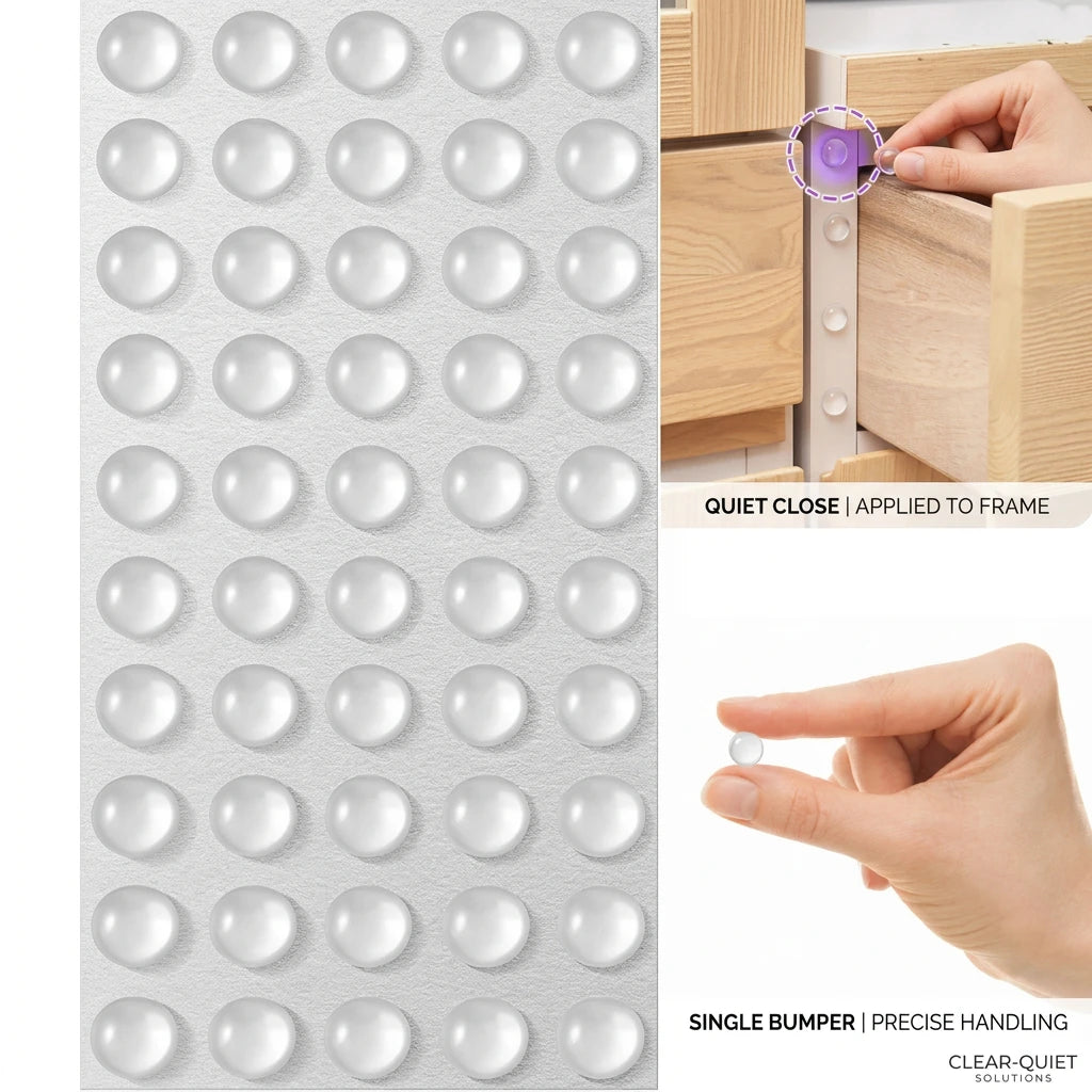 Transparent adhesive stickers on a white background with a hand holding one, used for furniture leveling.