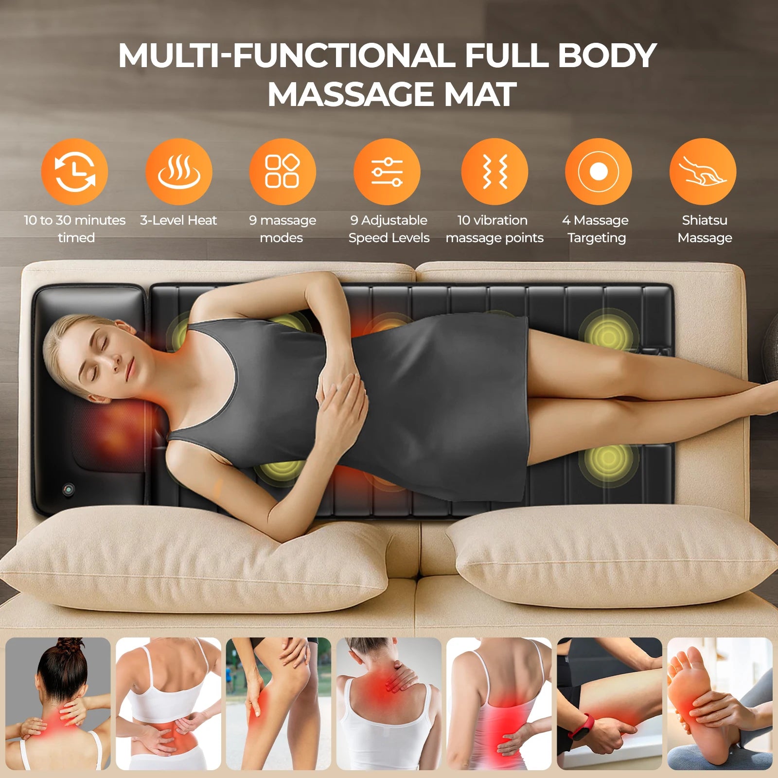Full Body Massage Mat with Heat – 10 Vibrating Motors, 9 Intensity Levels & Foot Massager Option - Flexivo