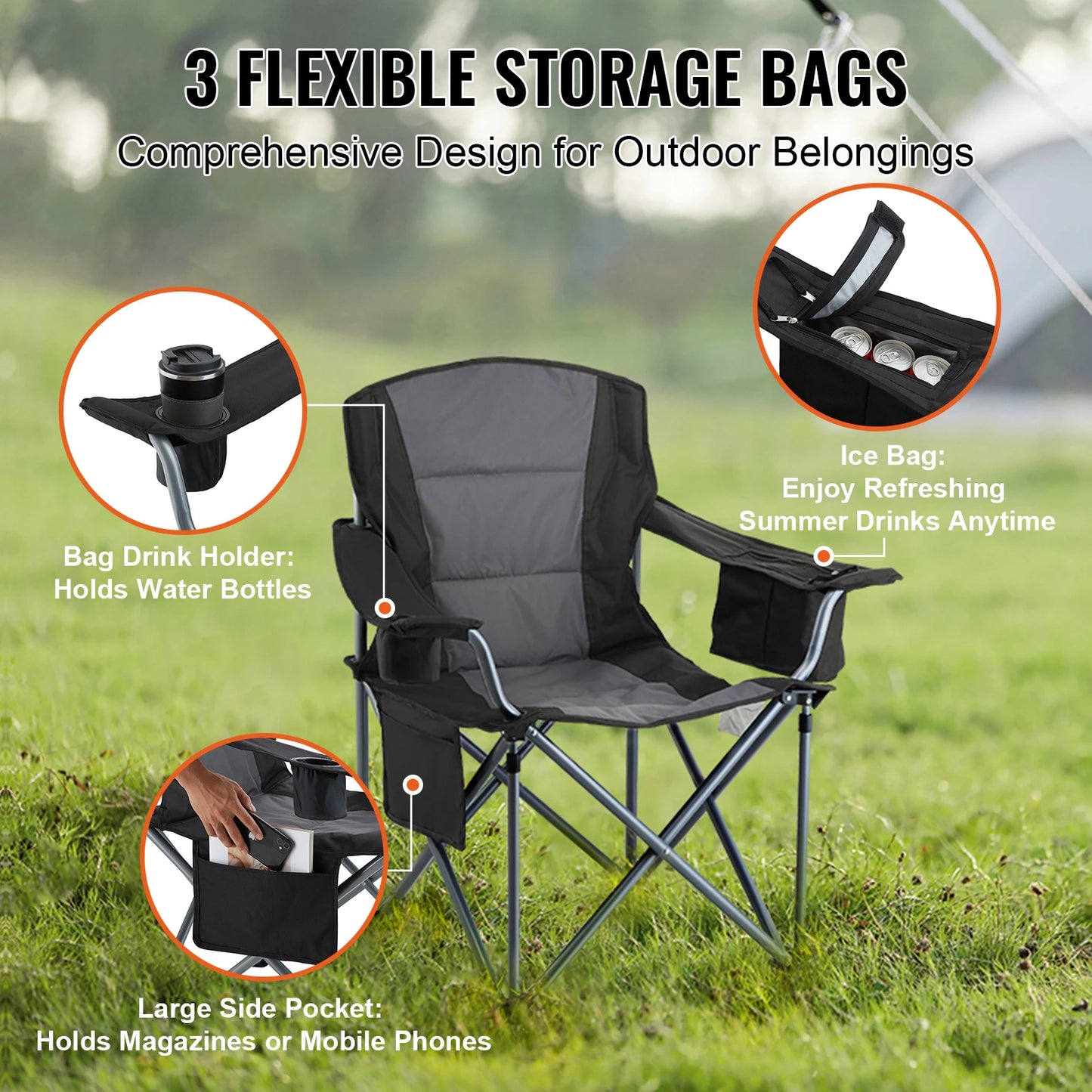 Portable Camping Folding Chair – 350lb Capacity, Padded Arms & 3 Storage Bags