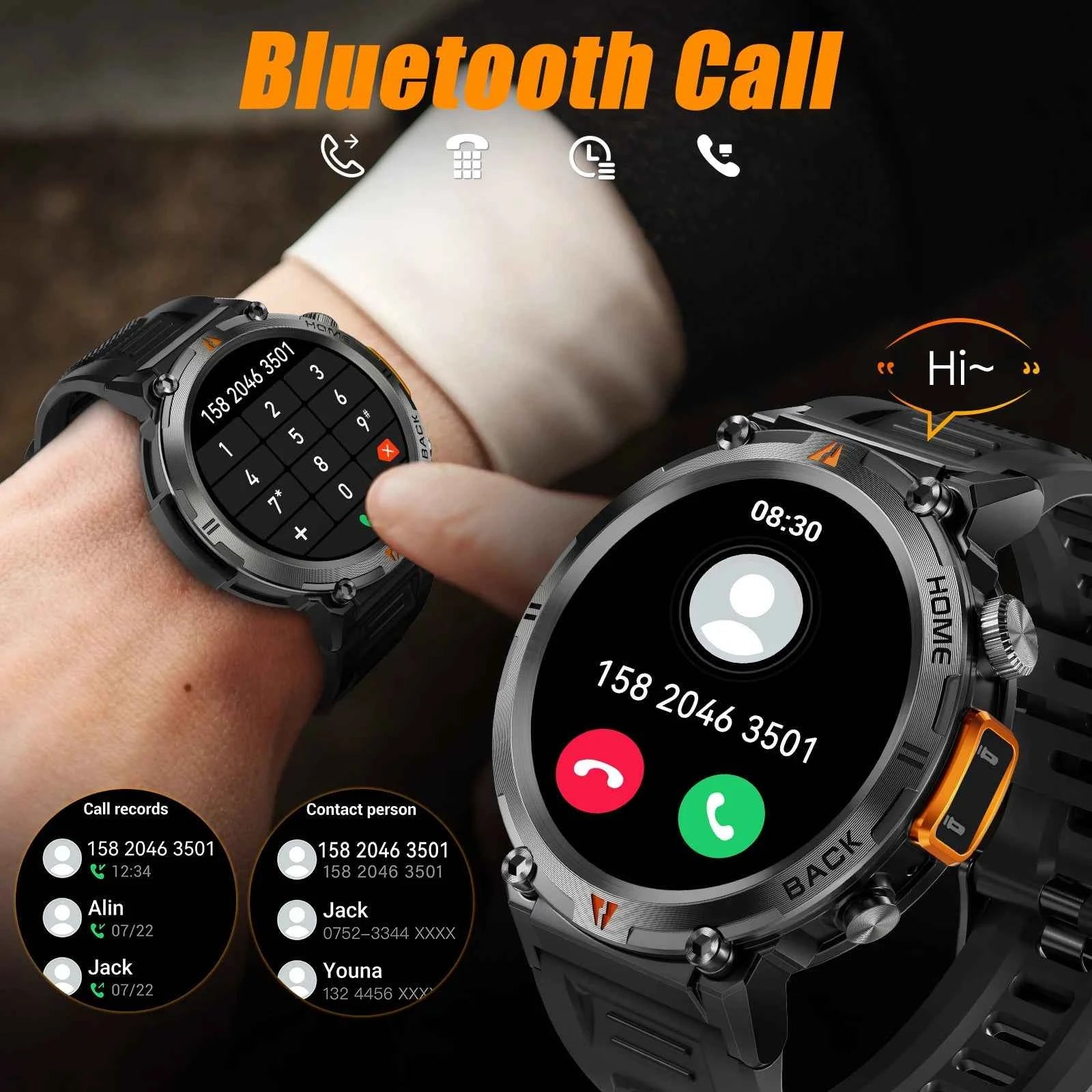 KE3 Military Smart Watch with Bluetooth Calls, Health Monitor, and LED Flashlight for Men - Flexivo