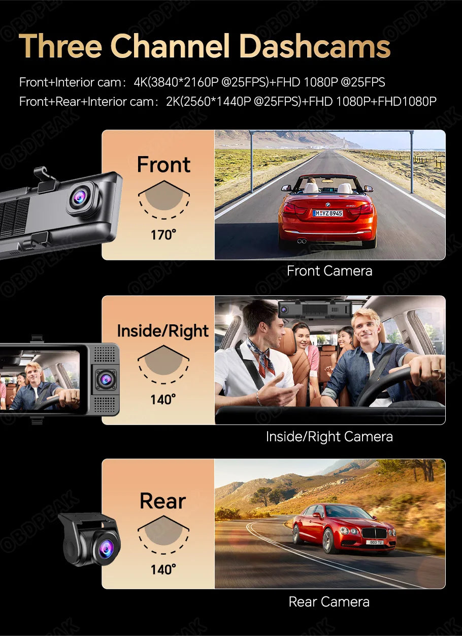 4K WiFi 3-Channel Dash Cam - 11.26" Rearview Mirror with Front, Rear & Interior Cameras