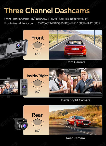 4K WiFi 3-Channel Dash Cam - 11.26" Rearview Mirror with Front, Rear & Interior Cameras
