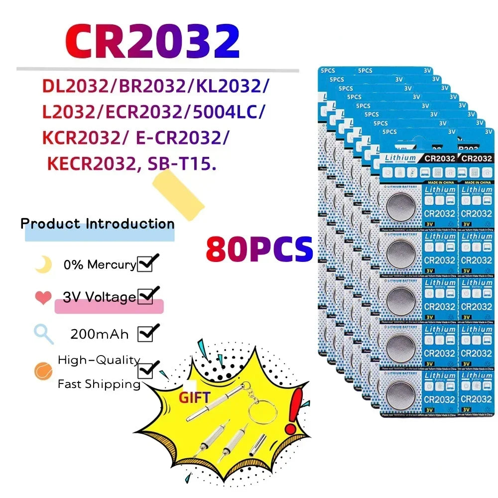 CR2032 Lithium Button Cell Batteries - 3V Coin Battery for Car Keys, Watches & Electronics