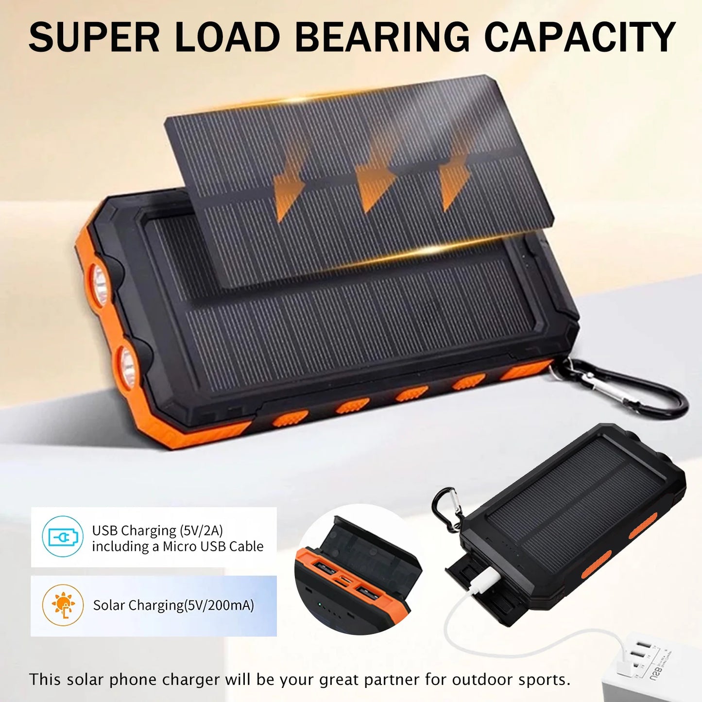 20000mAh Solar Power Bank - Waterproof Portable Charger with Dual USB Ports & LED Flashlight