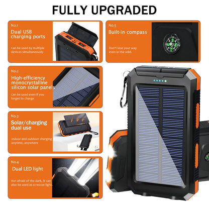 20000mAh Solar Power Bank - Waterproof Portable Charger with Dual USB Ports & LED Flashlight