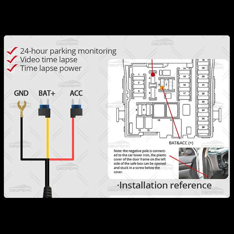 OBDPEAK Hardwire Kit - 24H Dash Cam Parking Monitor Power Cable with GPS Port for K8/K8s/K8 Pro - Flexivo