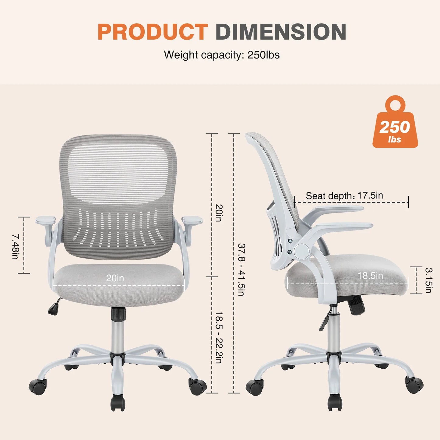 Ergonomic Mesh Office Chair, No Headrest, Adjustable Height & Armrests