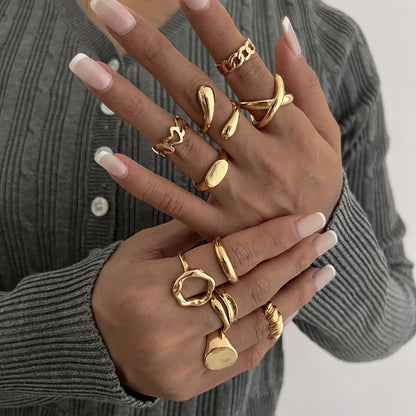 10-Piece Geometric Ring Set - Gold & Silver Stainless Steel Cuff Rings