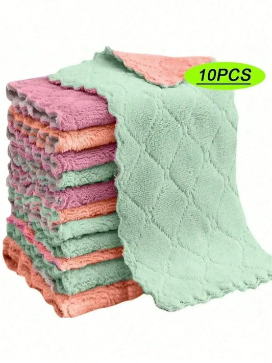10-Piece Microfiber Kitchen Dish Towels - Super Absorbent Coral Velvet Non-Stick Oil Cleaning Cloths