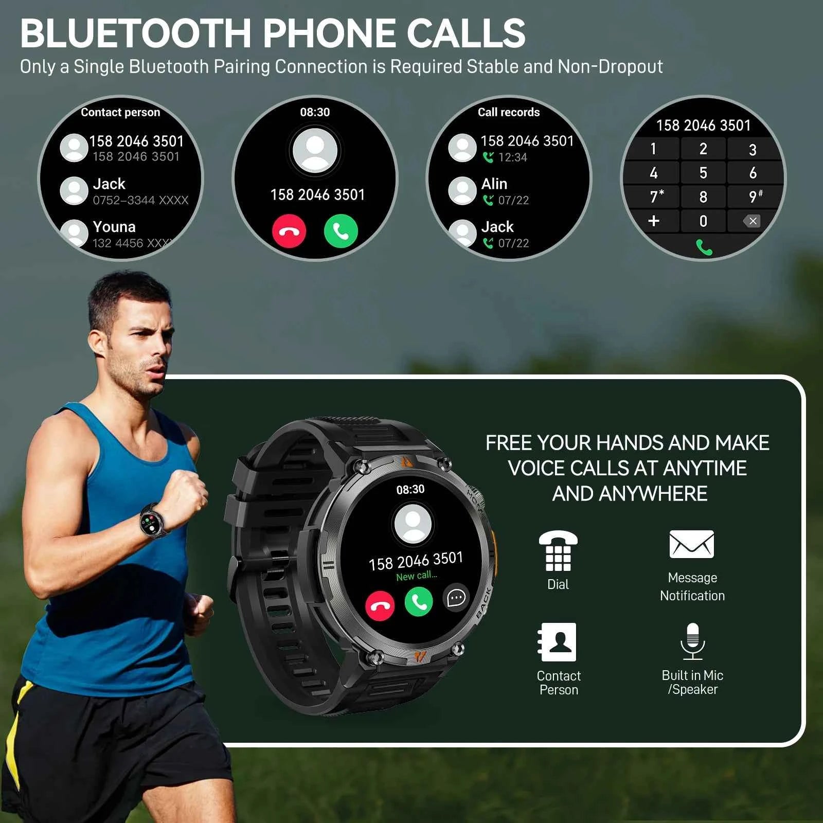 KE3 Military Smart Watch with Bluetooth Calls, Health Monitor, and LED Flashlight for Men - Flexivo