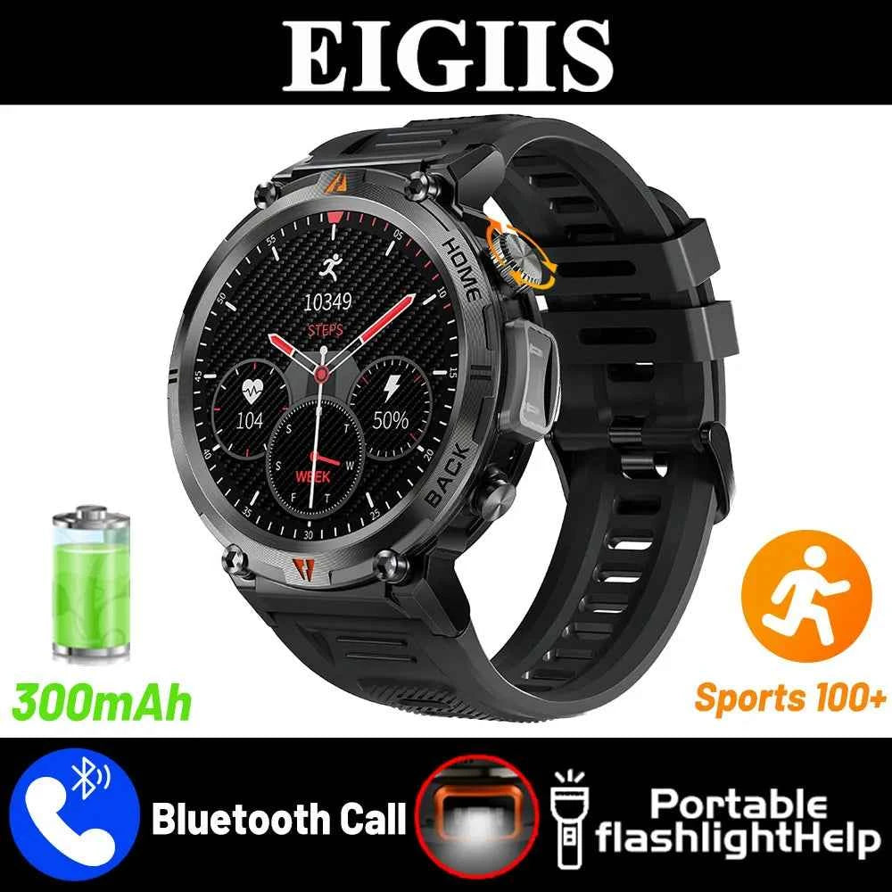 KE3 Military Smart Watch with Bluetooth Calls, Health Monitor, and LED Flashlight for Men - Flexivo