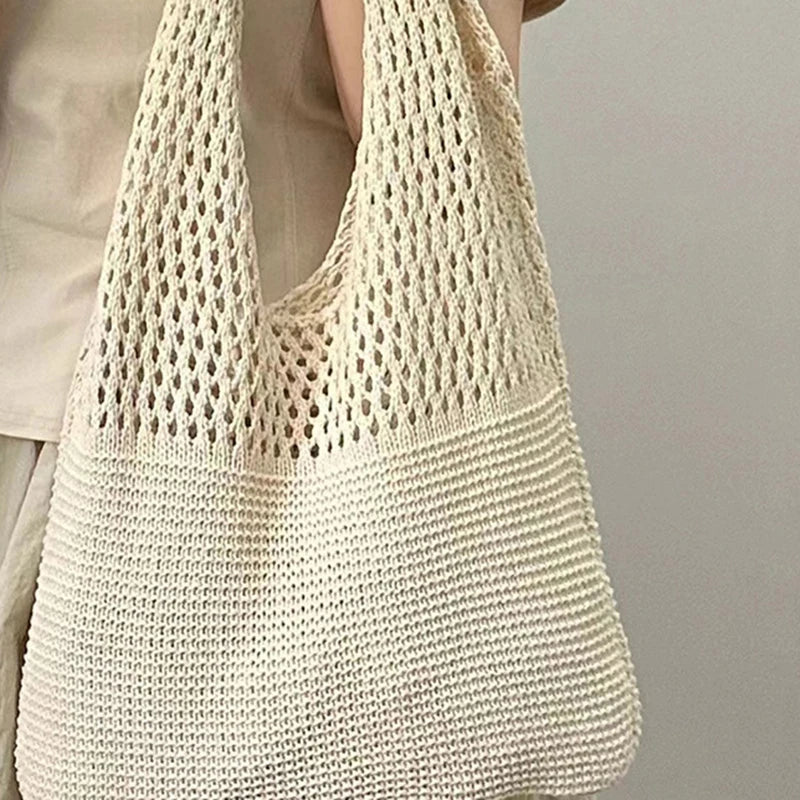 Crochet Tote Bag - Handwoven Hollow Knit Handbag for Women