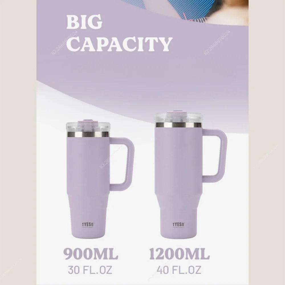 TYESO Vacuum Insulated Travel Mug with Handle & Straw - 900ml & 1200ml