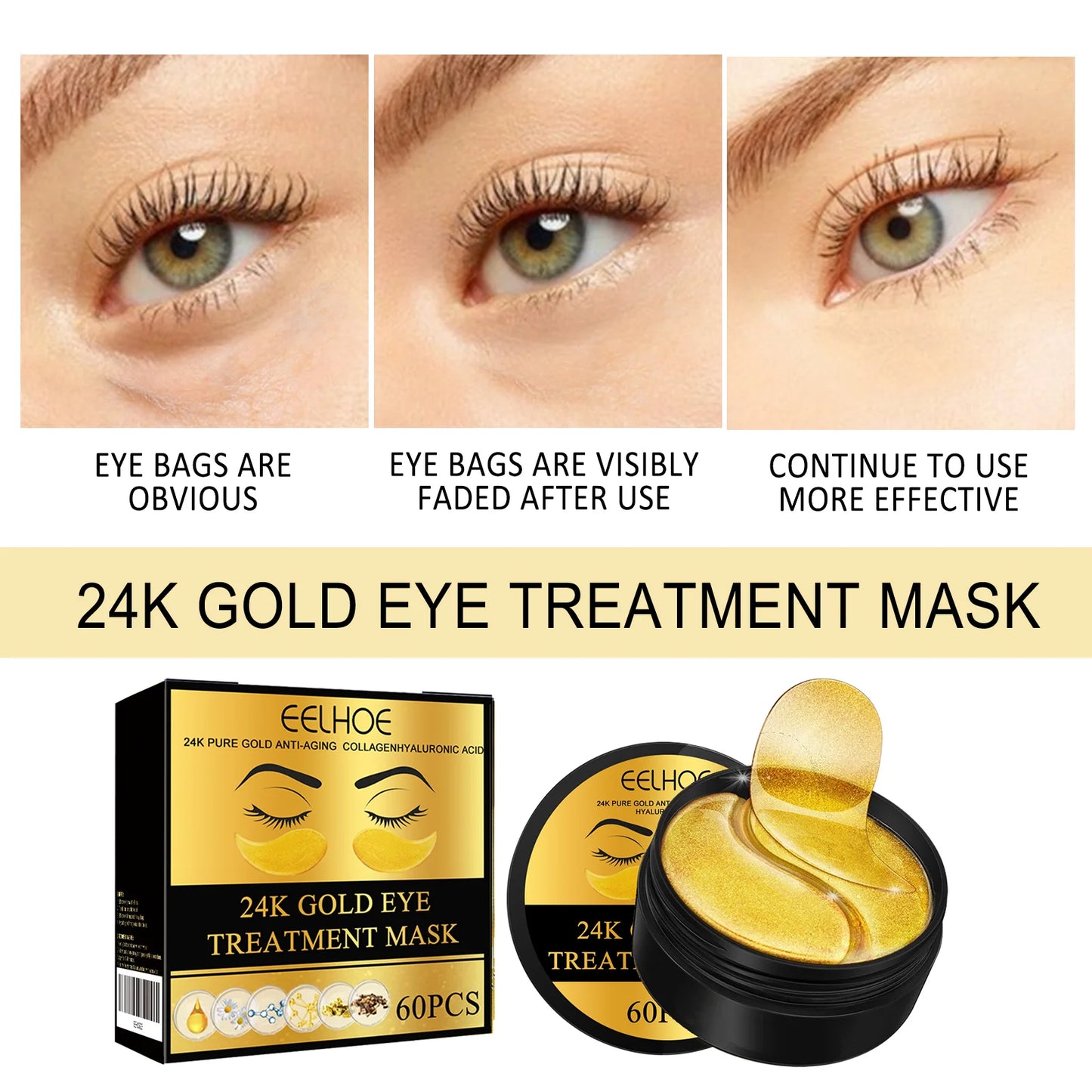 24K Gold Eye Masks - 60 Patches for Dark Circles, Puffiness & Anti-Aging