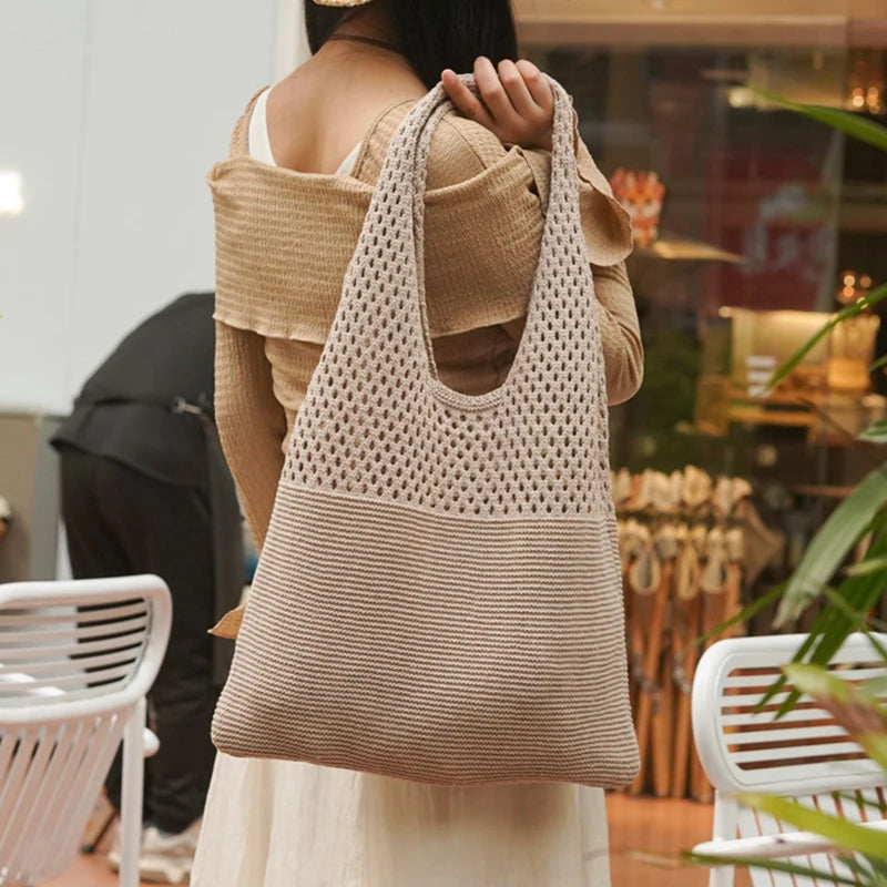 Crochet Tote Bag - Handwoven Hollow Knit Handbag for Women