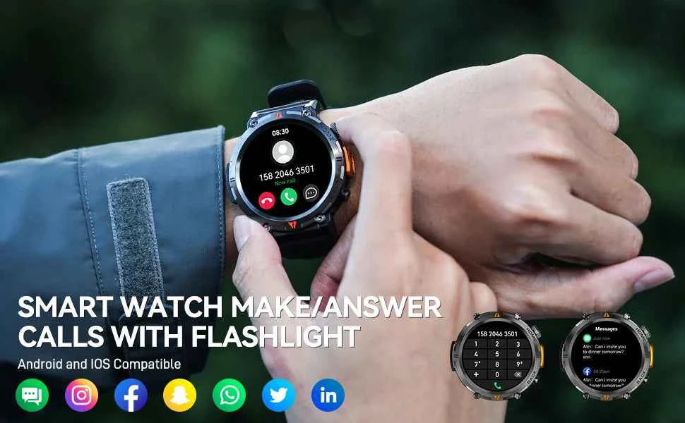 KE3 Military Smart Watch with Bluetooth Calls, Health Monitor, and LED Flashlight for Men - Flexivo