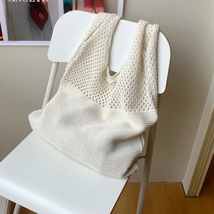 Crochet Tote Bag - Handwoven Hollow Knit Handbag for Women