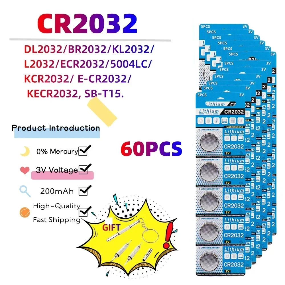CR2032 Lithium Button Cell Batteries - 3V Coin Battery for Car Keys, Watches & Electronics
