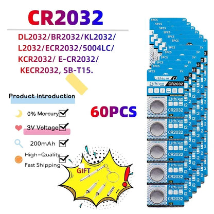 CR2032 Lithium Button Cell Batteries - 3V Coin Battery for Car Keys, Watches & Electronics