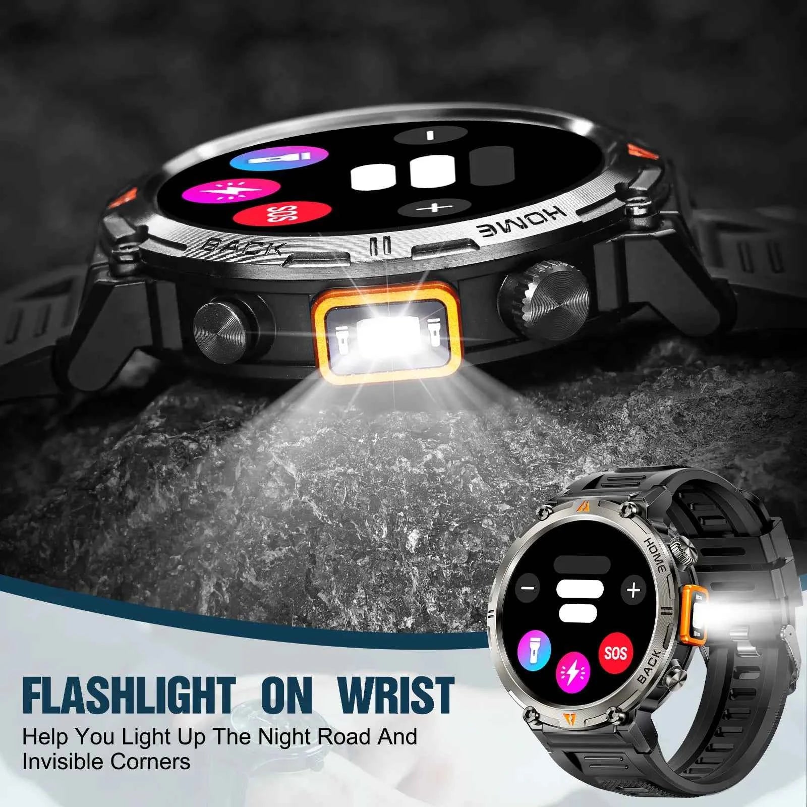 KE3 Military Smart Watch with Bluetooth Calls, Health Monitor, and LED Flashlight for Men - Flexivo