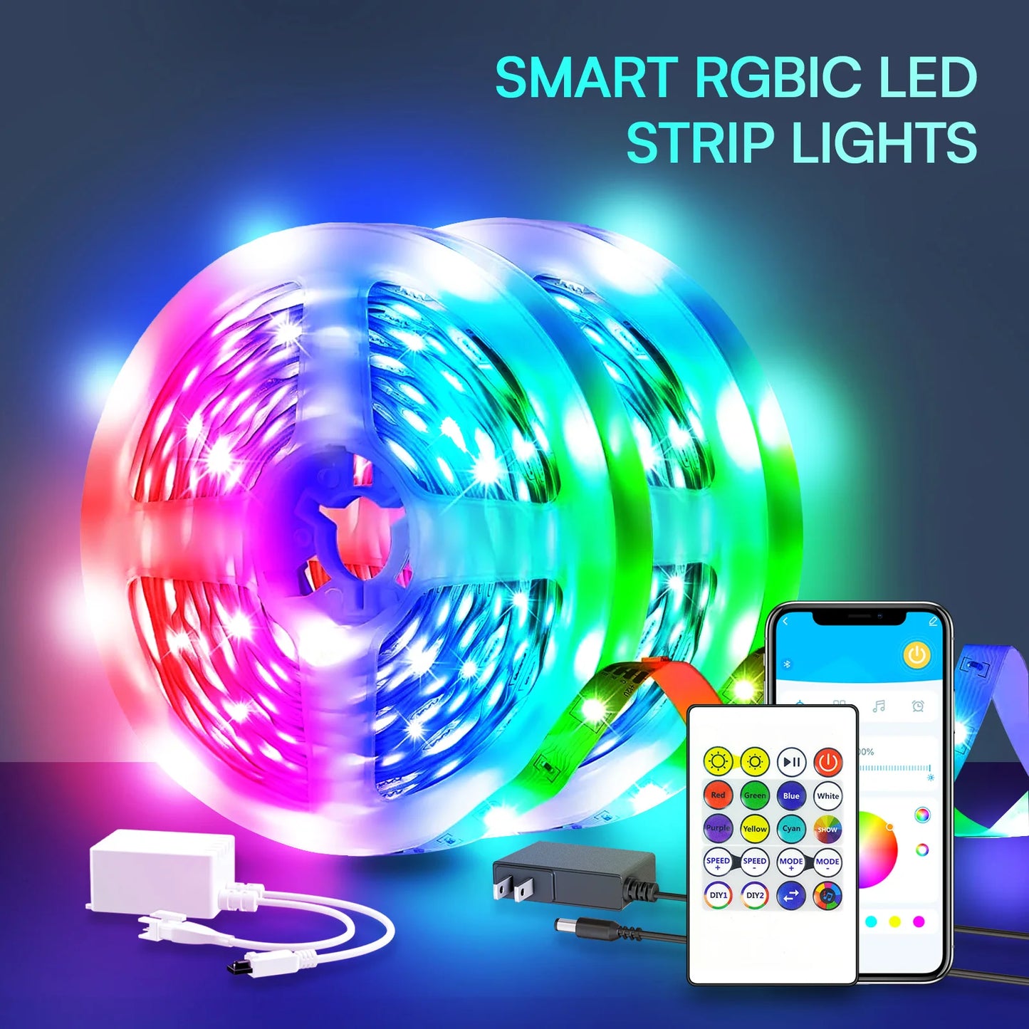 Smart LED Light Strip - Color Changing RGB with Music Sync & App Control (25/50/100/130ft)