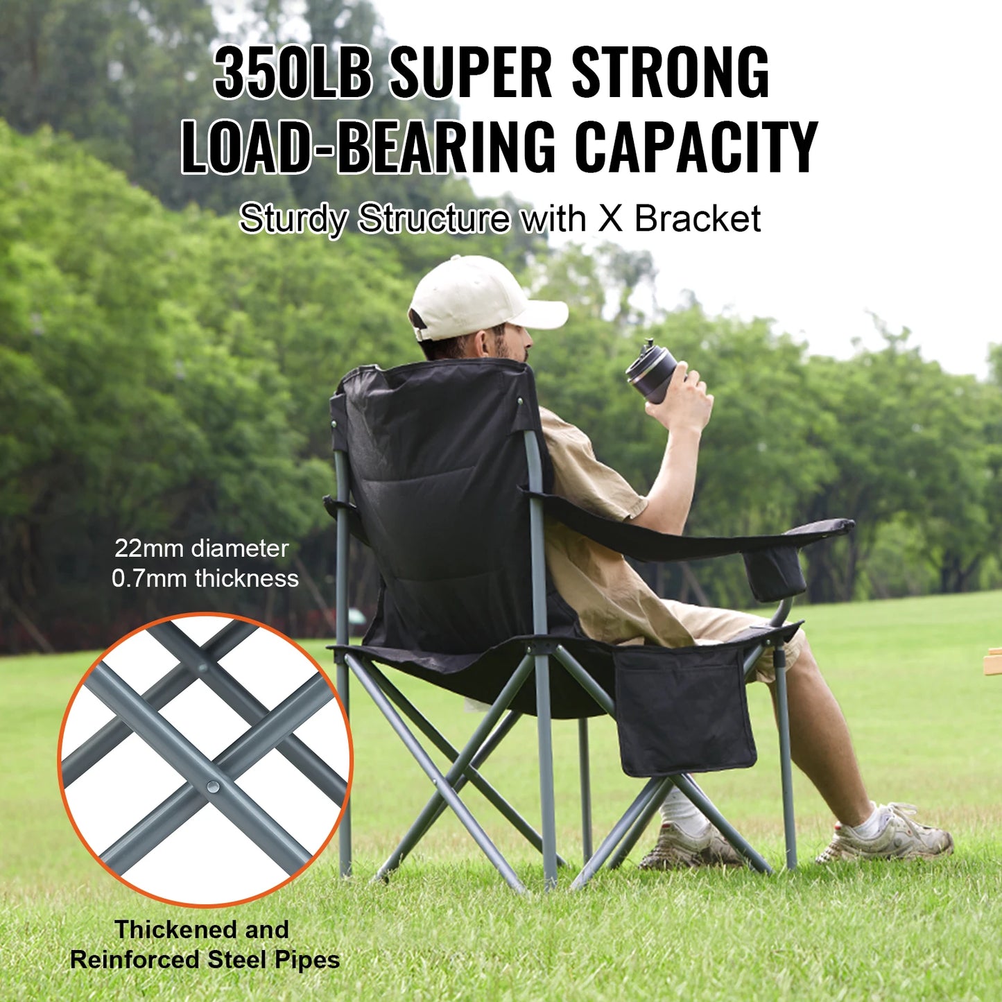 Portable Camping Folding Chair – 350lb Capacity, Padded Arms & 3 Storage Bags